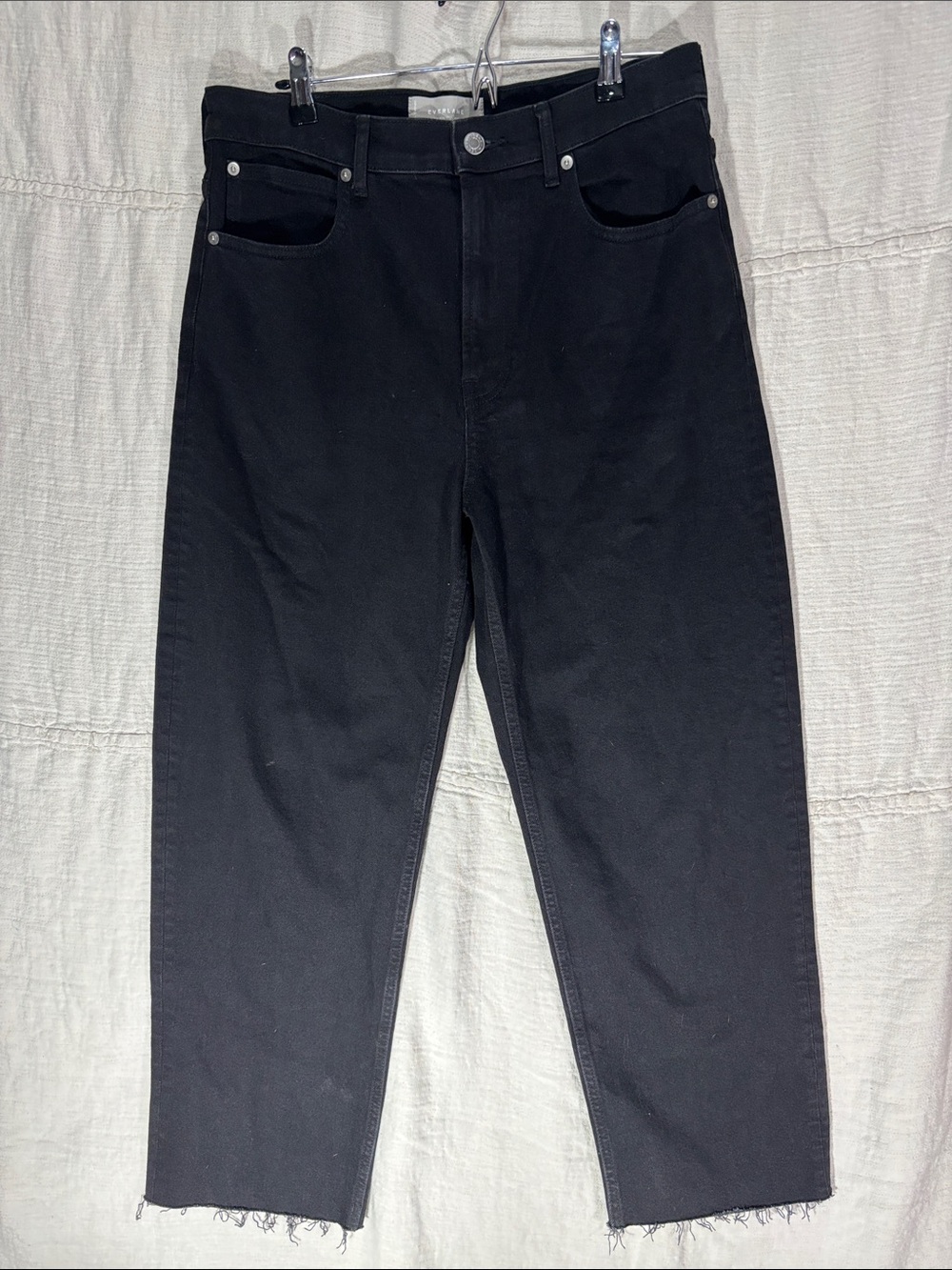 Everlane The Way High Jean Washes Black Wide Curve Leg Raw Hem Size 28 Cotton